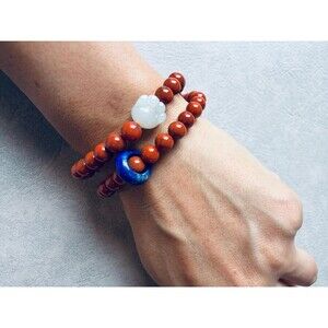 Nanhong Agate Double Wrap Bracelet, Lapis Lazuli running spacer, Jade Cat Paw